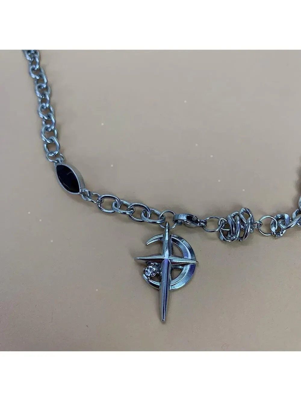 Cyber Y2k 2000s punk grunge crystal cross and opal pendant necklace chain. 20